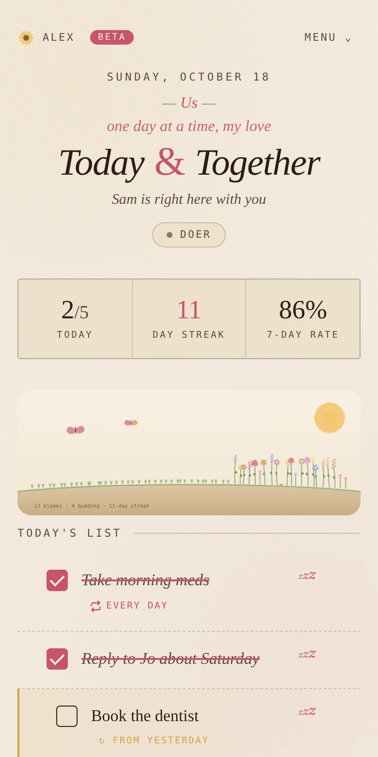 The Today, Together app on a phone: today's date, a day streak of 11, a small growing garden, and today's list with two tasks ticked off.